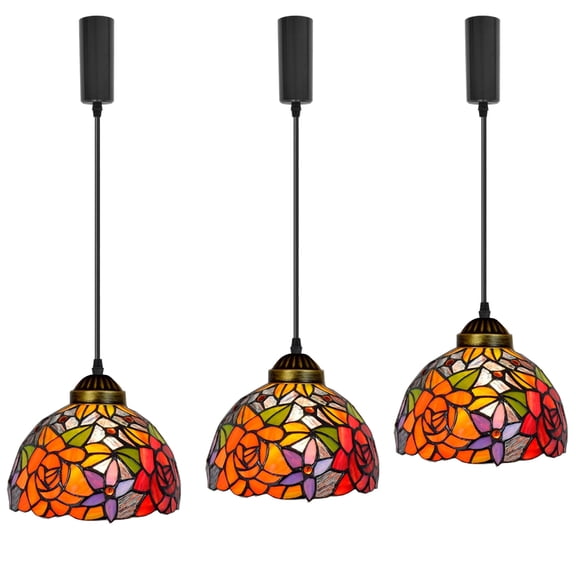 KAYYELAMP J-Type Track Colorful Rose Pattern Glass Shade Handmade Tiffany Pendant Light 3.9Ft Adjusted Cord Antique Droplight For Kitchen Restaurant 3-Pack(No Bulb, Track)
