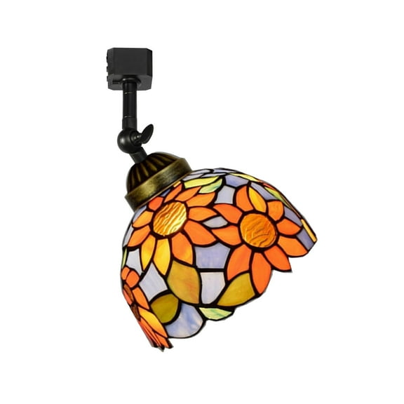 KAYYELAMP J-Type Track Head Lighting Adjustable Angle Tiffany Ceiling Light Colorful Glass Sunflowers Pattern Shade Handmade Track Light Fixture For Gallery Mirror Front
