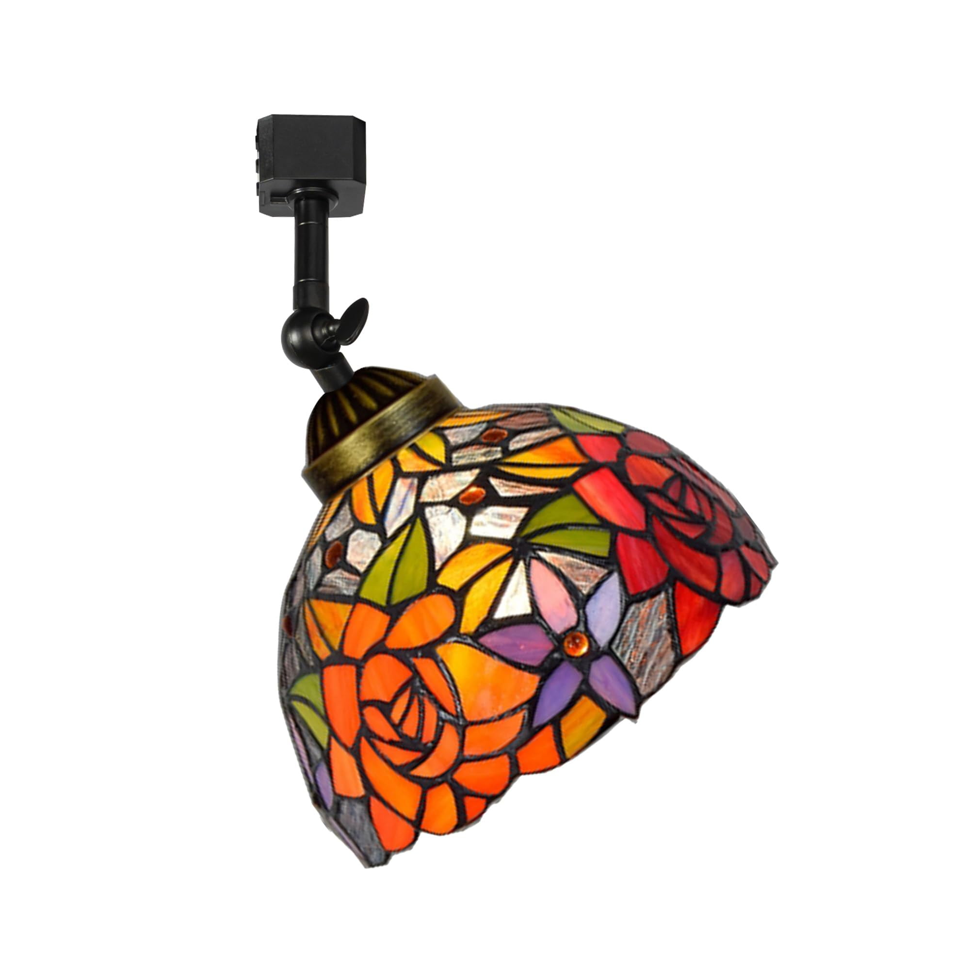 KAYYELAMP J-Type Track Head Lighting Adjustable Angle Tiffany Ceiling Light Colorful Rose Pattern Glass Shade Handmade Track Light Fixture For Gallery Mirror Front