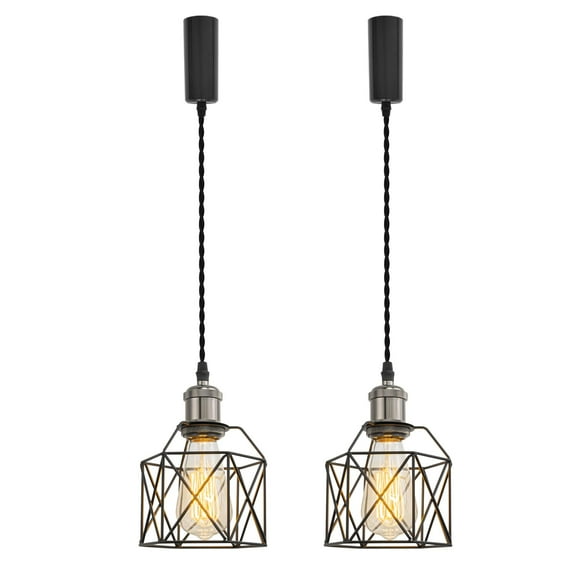 KAYYELAMP J-Type Track Lamp E26 Pearl Black Base Black Cage Metal Shade 3.2 Ft Adjusted Cord Simple Track Pendant Light for Home Kitchen Farmhouse Loft Set Two(No Bulb, Track)