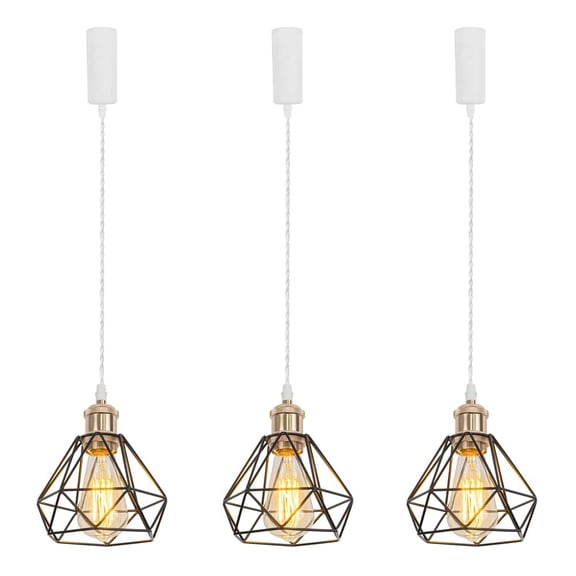 KAYYELAMP J-Type Track Lamp French Gold Base with Metal Diamond Shape Hollow Shade Adjusted Cord Track Pendant Light Set Three for Kitchen Dining Table Loft(No Bulb, Track)