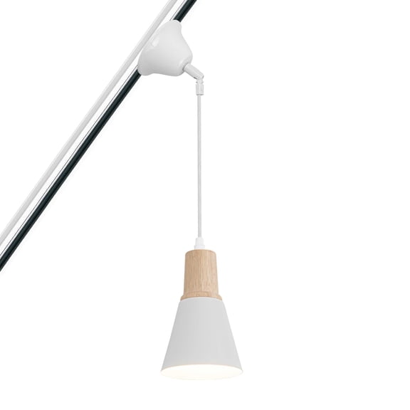 KAYYELAMP J-Type Track Lamp White Mini Metal Shade Wooden Base Adjusted Cord Track Mount Pendant Light for Inclined Position Roof Room(No Bulb, Track)