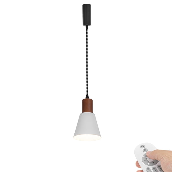 KAYYELAMP J-Type Track Mount Remote Dimmable Lighting Walnut E26 Base White Mini Metal Shade 3.2Ft Adjusted Cord Vintage Pendant Light for Kitchen Dining Table Loft(No Track)