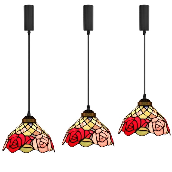 KAYYELAMP J-Type Track Red/Pink Rose Pattern Glass Shade Handmade Tiffany Pendant Light 3.9Ft Adjusted Cord Antique Droplight For Kitchen Restaurant 3-Pack(No Bulb, Track)