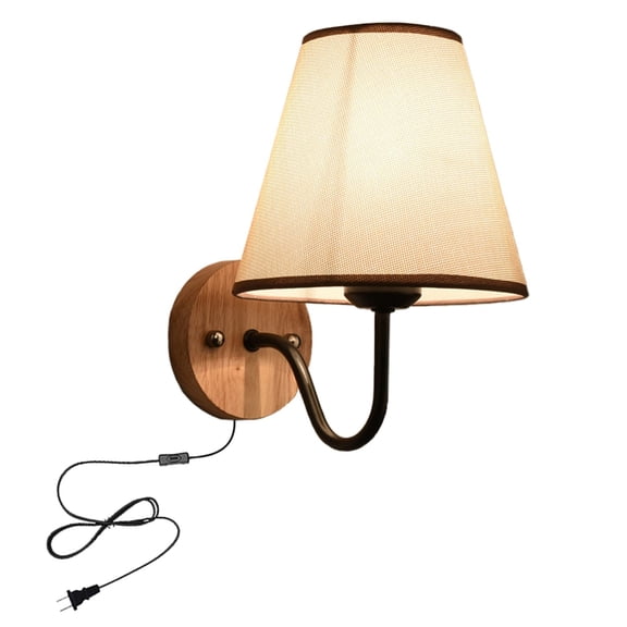 KAYYELAMP Modern Design Cloth Lamp Shade Black Metal Wooden Wall Sconce 5.9Ft Plug in Button E26 Base Wall Lighting Fixture for Loft Kitchen Restaurant Bay-Window Bedroom Cabinet Entrance(No Bulb)