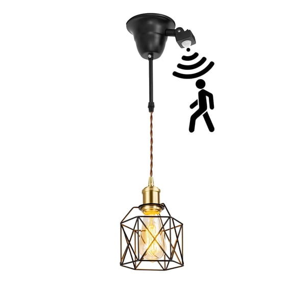 KAYYELAMP Motion-Activated J-Type Track Light 1.9Ft Adjustable Cord Brass Base Black Hollow Shade Modern Pendant for Farmhouse Home Store(No Bulb, Track)