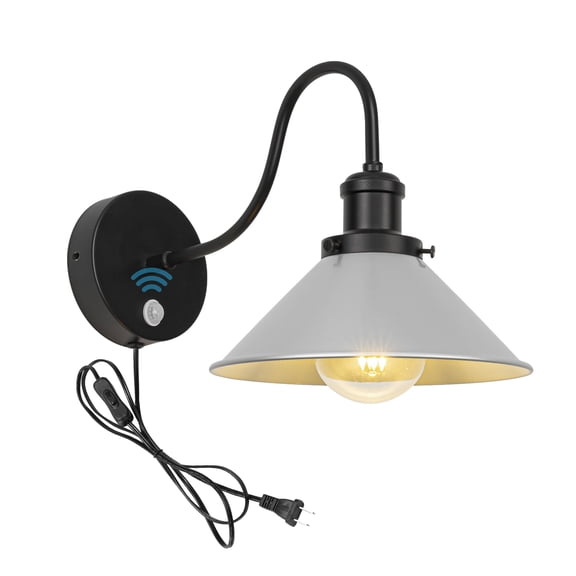 KAYYELAMP Motion Sensor Retro Minimalist Style Wall Sconce UL Plug-in Cord Black Gooseneck With Silver Iron Shade Wall Light Fixture For Entrance Hallway Toilet Stairs