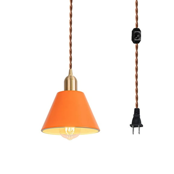 KAYYELAMP Orange Lampshade Brass Base 19.6 Feet Plug in Dimmable Cable Modern Pendant Light for Island Kitchen Dining Table Loft(No Bulb)