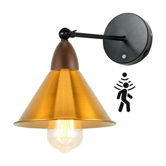 KAYYELAMP PIR Motion Sensor No Cord Battery Wall Sconce Walnut Base Gold Metal Shade Wall Lamp Industrial Style for Hallway Balcony Entrance Basement