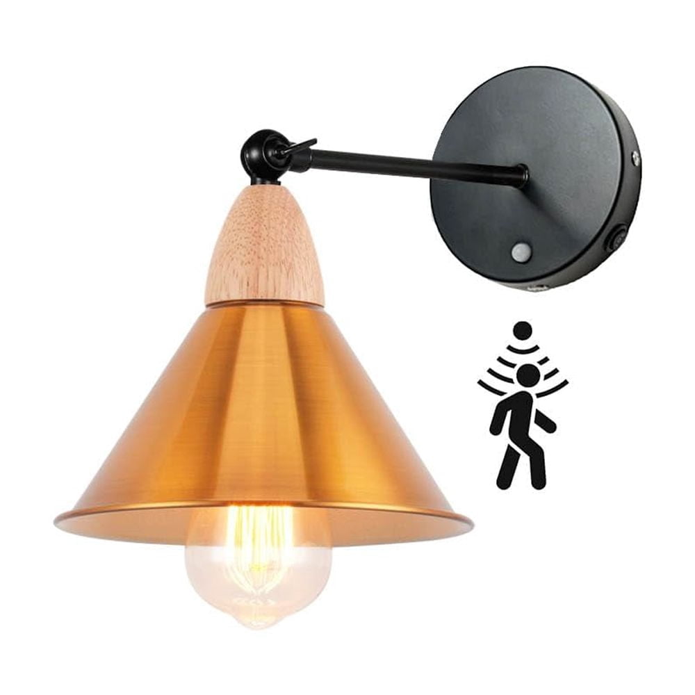 KAYYELAMP PIR Motion Sensor No Cord Battery Wall Sconce Wood Base Gold Metal Shade Wall Lamp Industrial Style for Hallway Balcony Entrance Basement