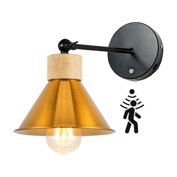 KAYYELAMP PIR Motion Sensor No Cord Battery Wall Sconce Wood Base Gold Metal Shade Wall Lamp Modern Style for Hallway Balcony Entrance Basement