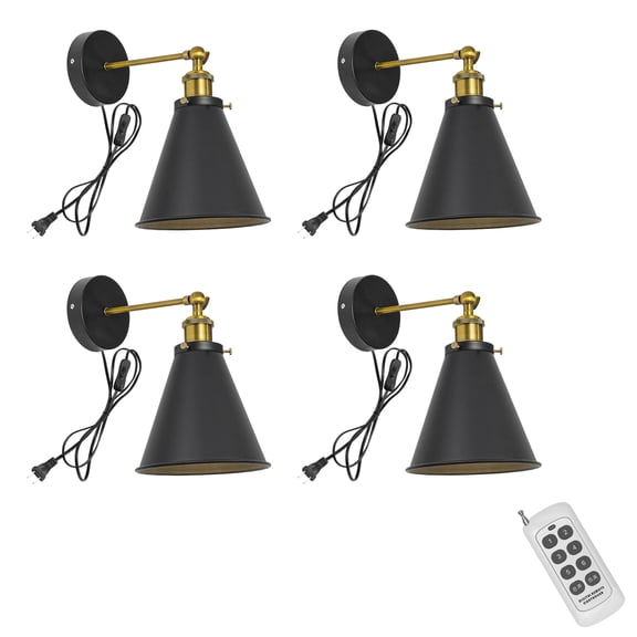 KAYYELAMP Porch Wall Lamp Dia 7.48" Black Shade Remote Control 70.8" Plug in Button Cord Vintage Wall Lighting for Home Bedsides Bathroom Over Mirror 4-Pack(No Bulb)