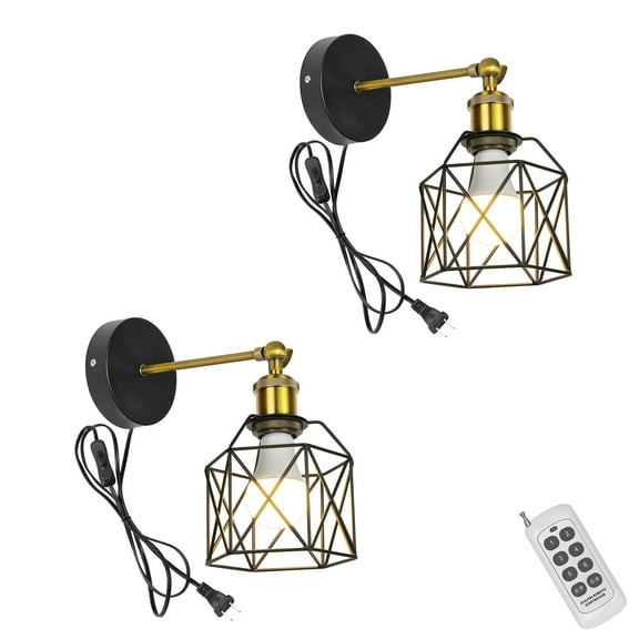KAYYELAMP Porch Wall Lamp Metal Black Cage Shade 2-Lights Remote Control 70.8" Plug in Button Cord Vintage Wall Lighting for Home Bedsides Bathroom Over Mirror(No Bulb)