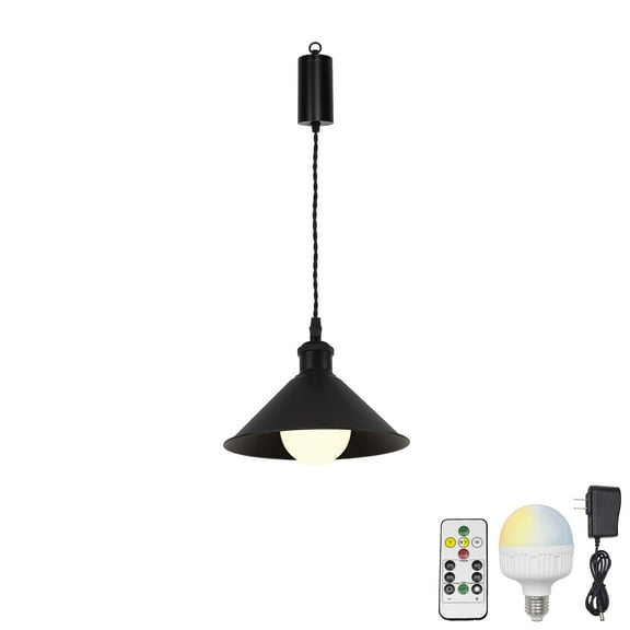 KAYYELAMP Rechargeable Battery Remote Control LED RGB Bulb Adjusted Cord Hanging Light Black Metal Shade Retro Style Pendant Light for Kitchen Bar Farmhouse Bulb Included