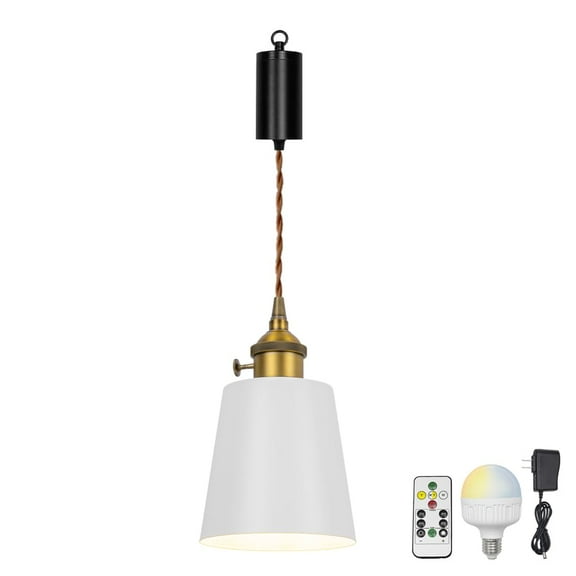 KAYYELAMP Remote Dimmable Rechargeable Battery 3.2Ft Adjustable Height Pendant Light White Barrel Metal Lampshade Copper Base Vintage Design for Home Kitchen Bedroom