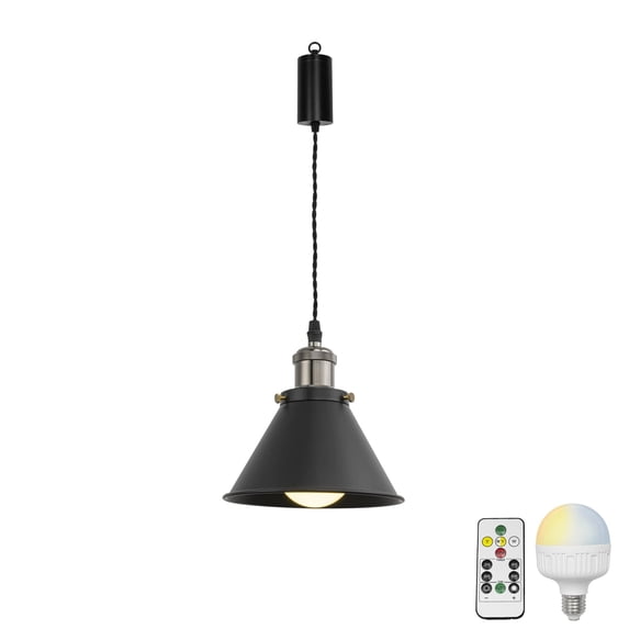 KAYYELAMP Remote LED Bulb Rechargeable Battery Adjusted Height Hanging Light Dimming Timing Pearl Black & Black Metal Lamp Vintage Design for Kitchen Farmhouse(DZ18x10)