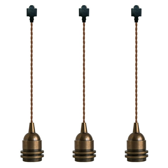 KAYYELAMP Retro Copper Mini E26 Base Track Light 1.47 Feet Brown Twisted Cord Length H-Type Adapter Set of Three Pendant Lighting for Kitchen Loft(No Bulb, Track)