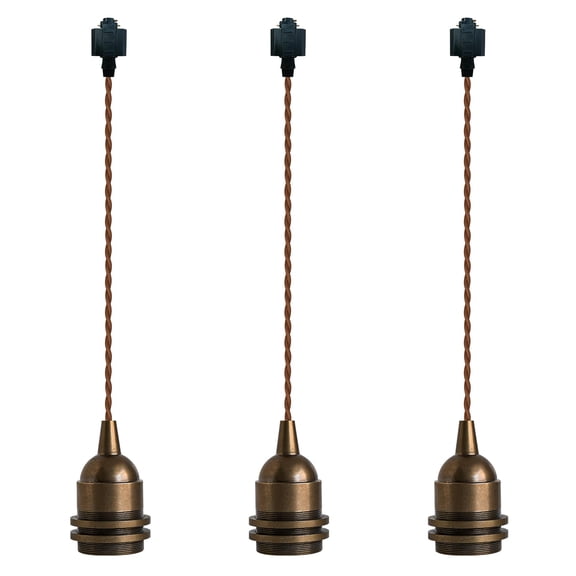 KAYYELAMP Retro Copper Mini E26 Base Track Light 2.6 Feet Brown Twisted Cord Length H-Type Adapter Set of Three Pendant Lighting for Kitchen Loft(No Bulb, Track)