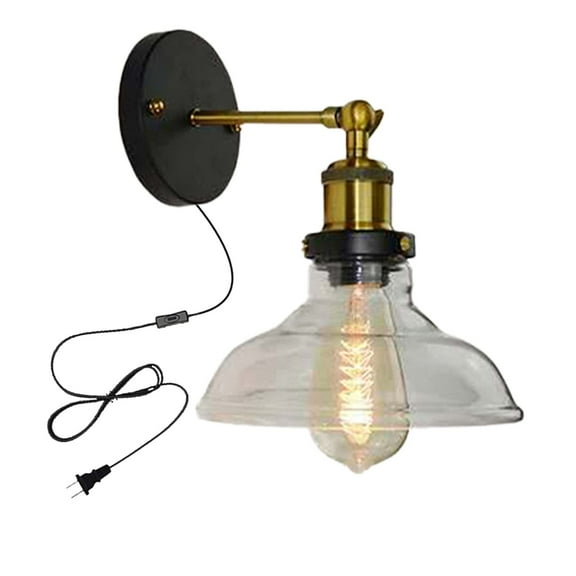 KAYYELAMP Retro Design Clear Glass Lamp Shade Metal Wall Sconce 5.9Ft Plug in Button E26 Copper Base Adjusted Angle Wall Lighting Fixture for Bay-Window Bedroom Cabinet Entrance(No Bulb)