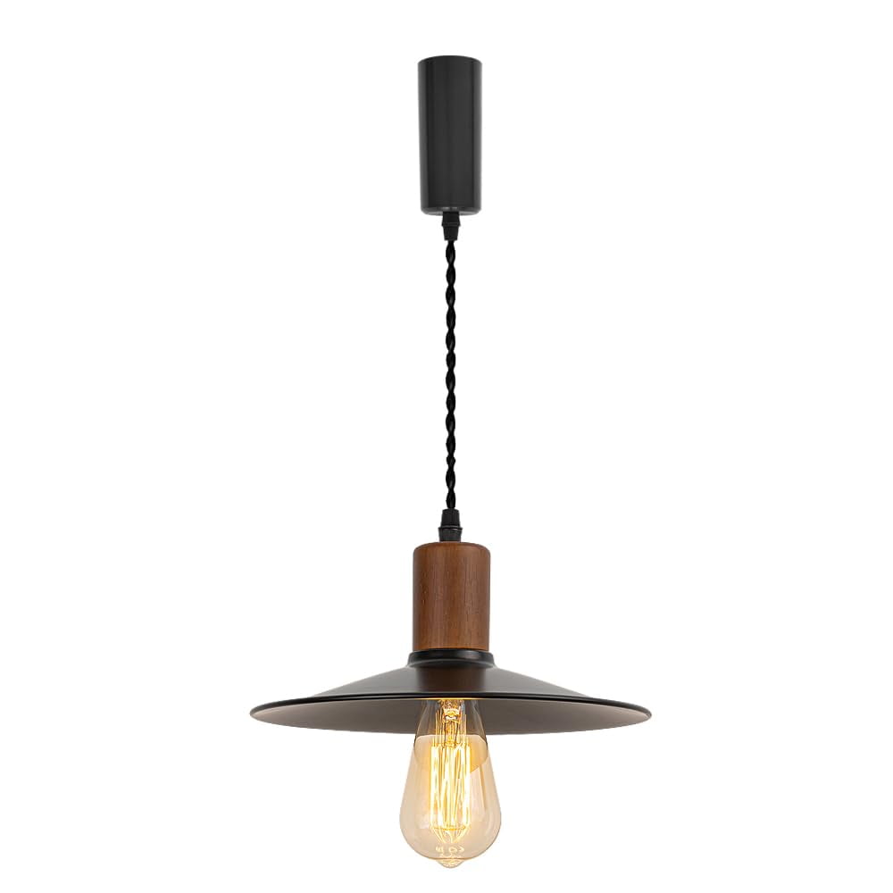 KAYYELAMP Retro Design Track Lighting Fixture Walnut E26 Base Black Metal Dia 10.2" Shade 3.2Ft Adjusted Cord J-Type Track Lamp for Kitchen Bar Counter(No Bulb, Track)