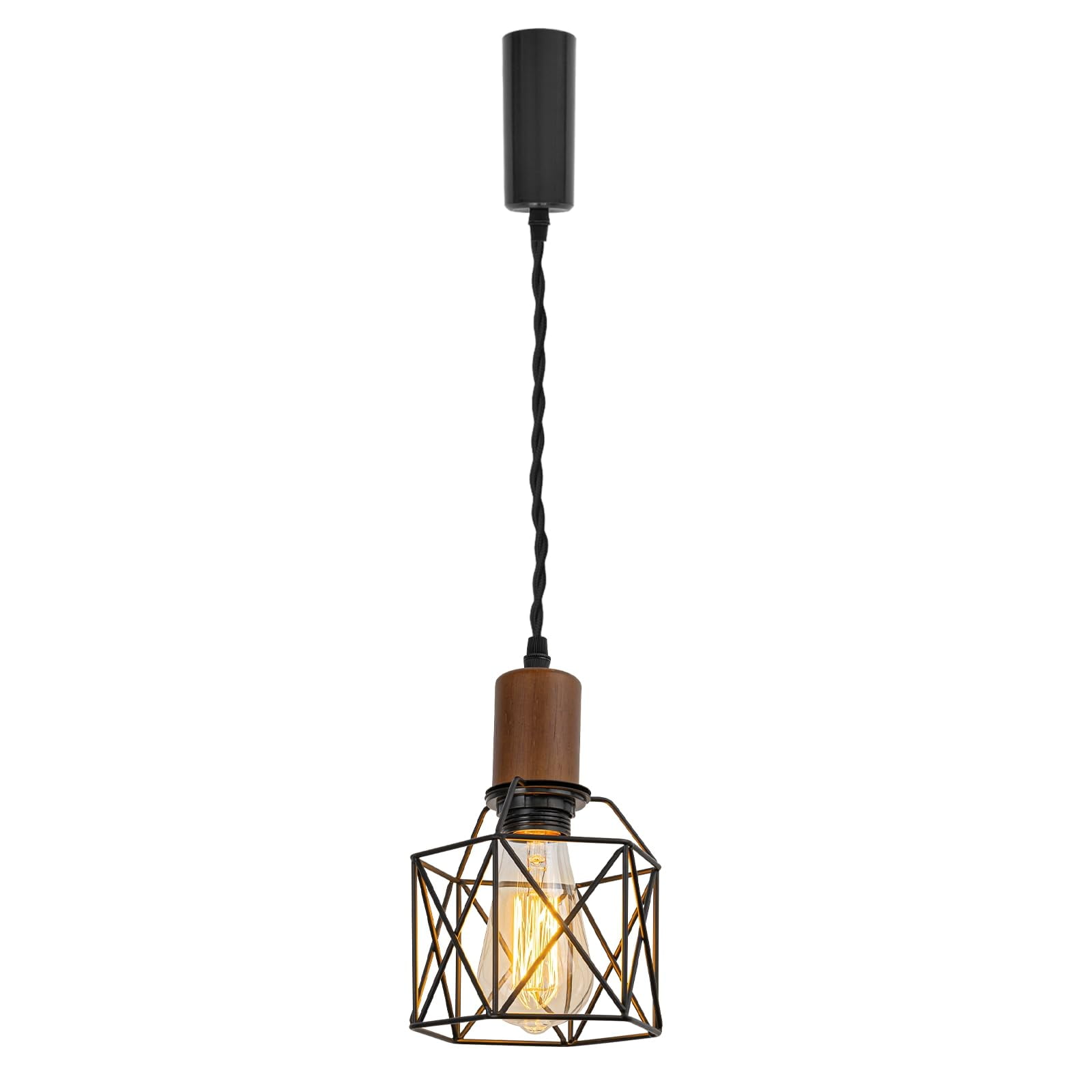 KAYYELAMP Retro Design Track Lighting Fixture Walnut E26 Base Black Metal Hollow Cage Shade 3.2Ft Adjusted Cord H-Type Track Lamp for Kitchen Bar Counter(No Bulb, Track)