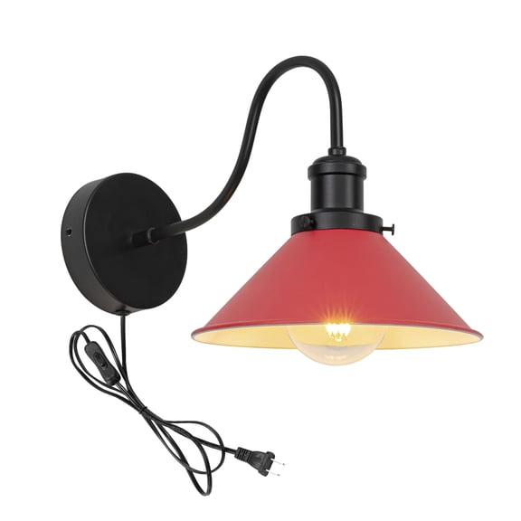 KAYYELAMP Retro Minimalist Style Wall Sconce UL Plug-in Cord Black Gooseneck With Red Iron Shade Wall Light Fixture For Cabinet Kitchen Hotel Bulb Sold Separately
