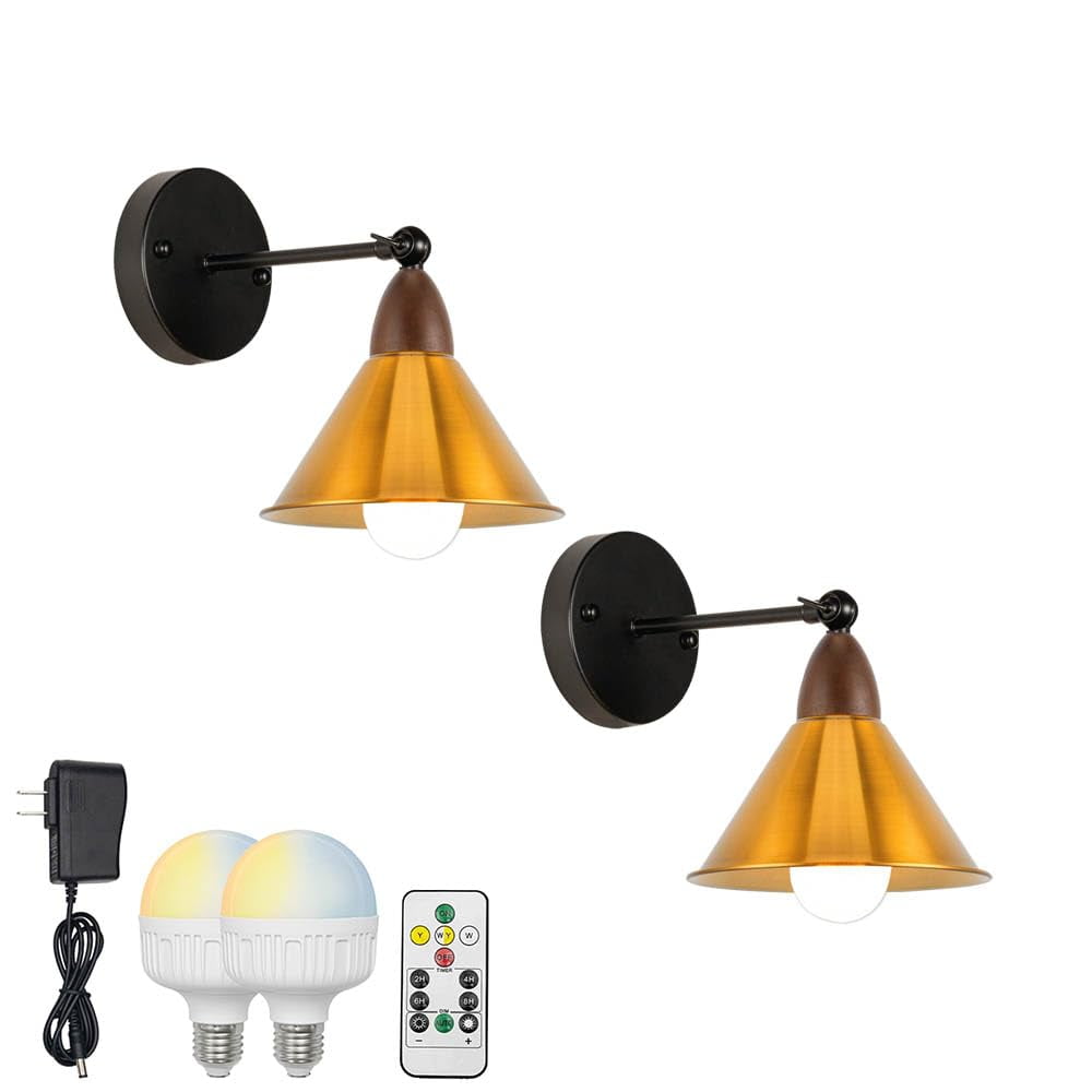 KAYYELAMP Retro Wall Sconce Battery Run Remote Dimmable Lighting Walnut Base Gold Metal Shade Industrial Style for Dorm Stairways Laundry Room 2-Pack