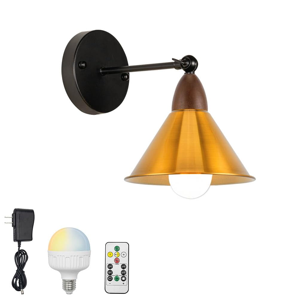 KAYYELAMP Retro Wall Sconce Battery Run Remote Dimmable Lighting Walnut Base Gold Metal Shade Industrial Style for Dorm Stairways Laundry Room