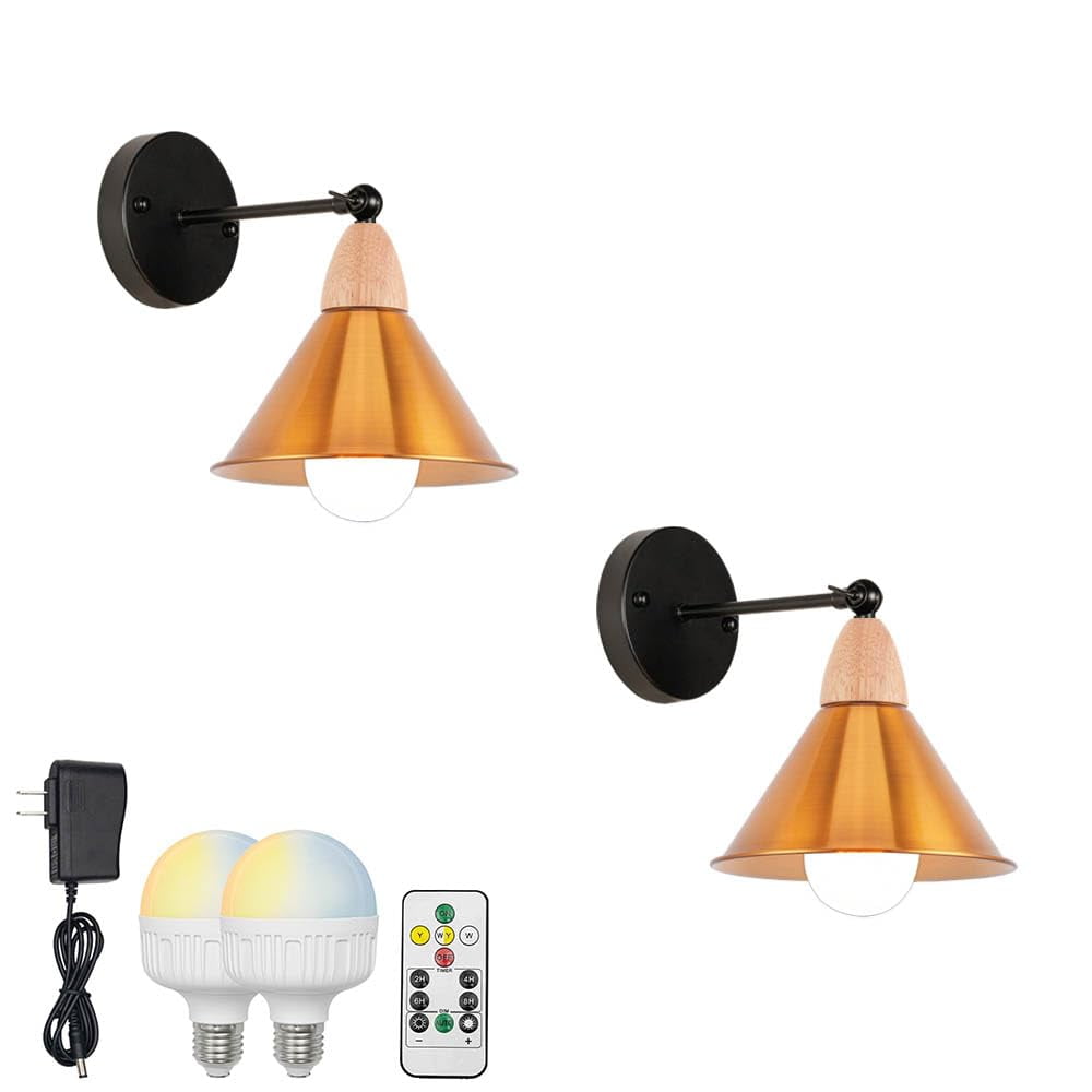 KAYYELAMP Retro Wall Sconce Battery Run Remote Dimmable Lighting Wood Base Gold Metal Shade Industrial Style for Dorm Stairways Laundry Room 2-Pack