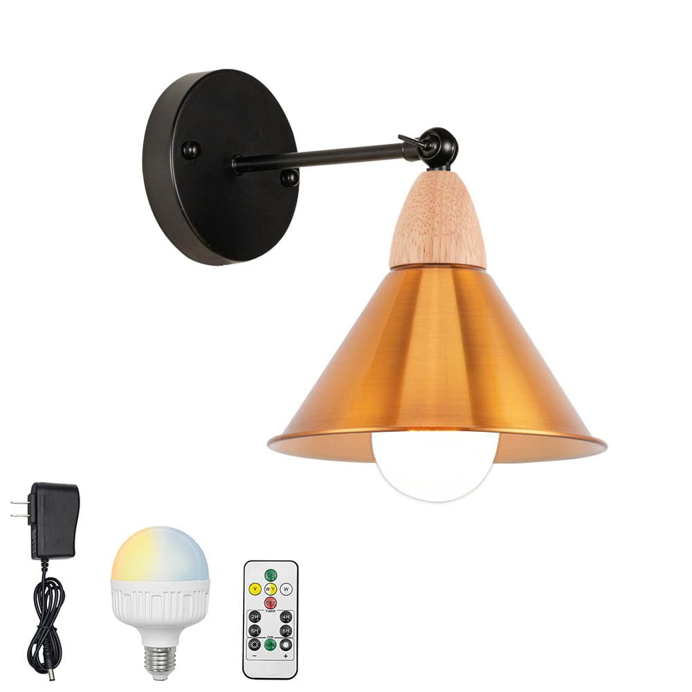 KAYYELAMP Retro Wall Sconce Battery Run Remote Dimmable Lighting Wood Base Gold Metal Shade Industrial Style for Dorm Stairways Laundry Room