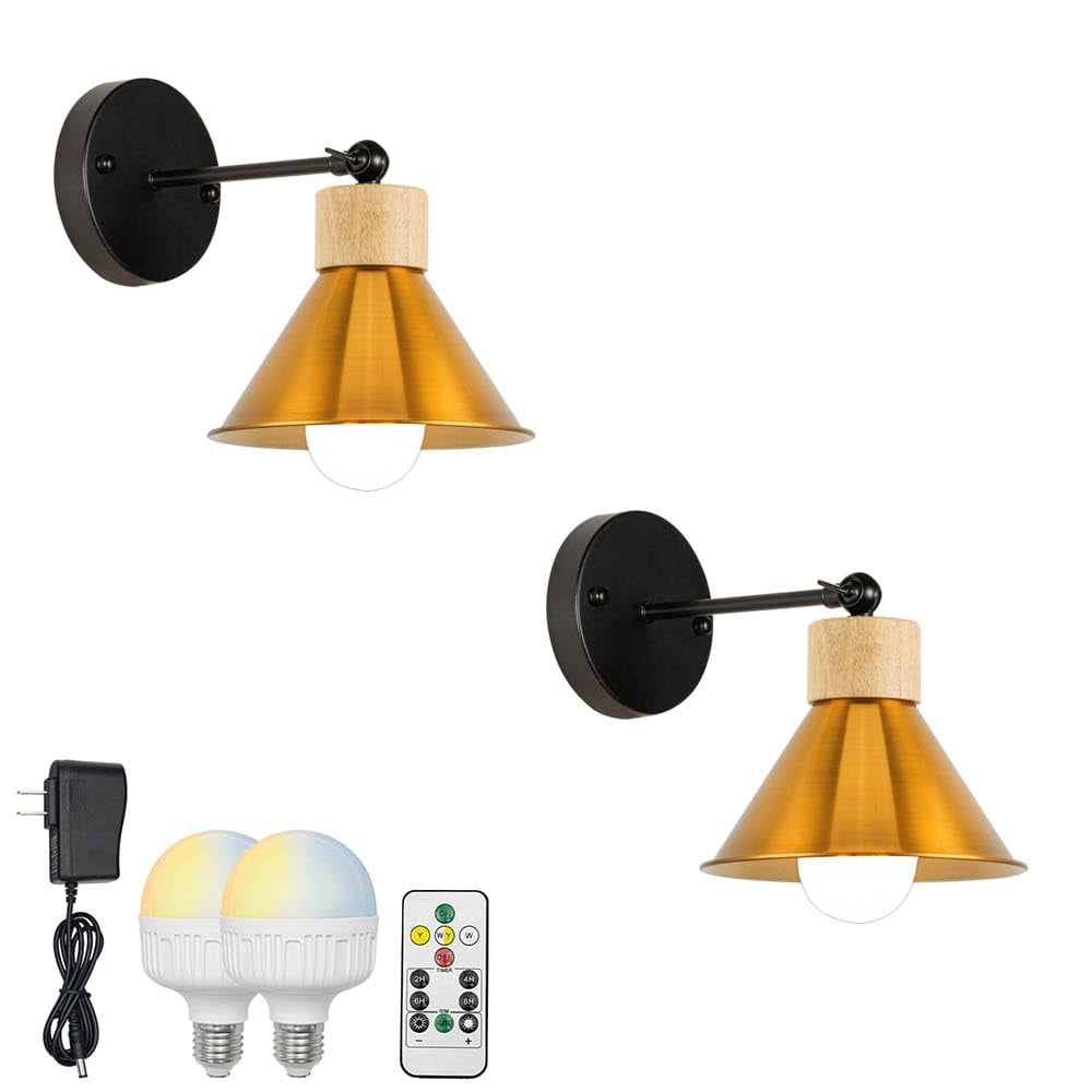 KAYYELAMP Retro Wall Sconce Battery Run Remote Dimmable Lighting Wood ...