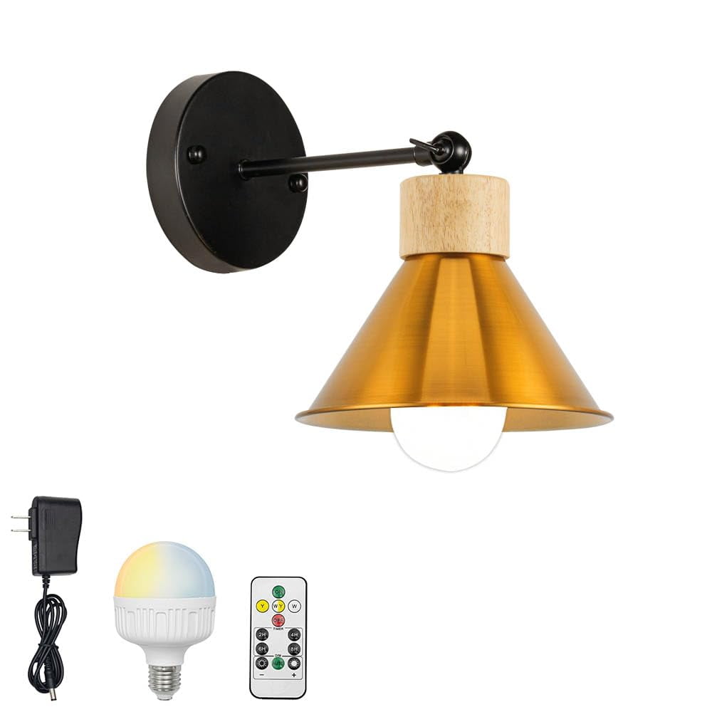 KAYYELAMP Retro Wall Sconce Battery Run Remote Dimmable Lighting Wood Base Gold Metal Shade Modern Style for Dorm Stairways Laundry Room
