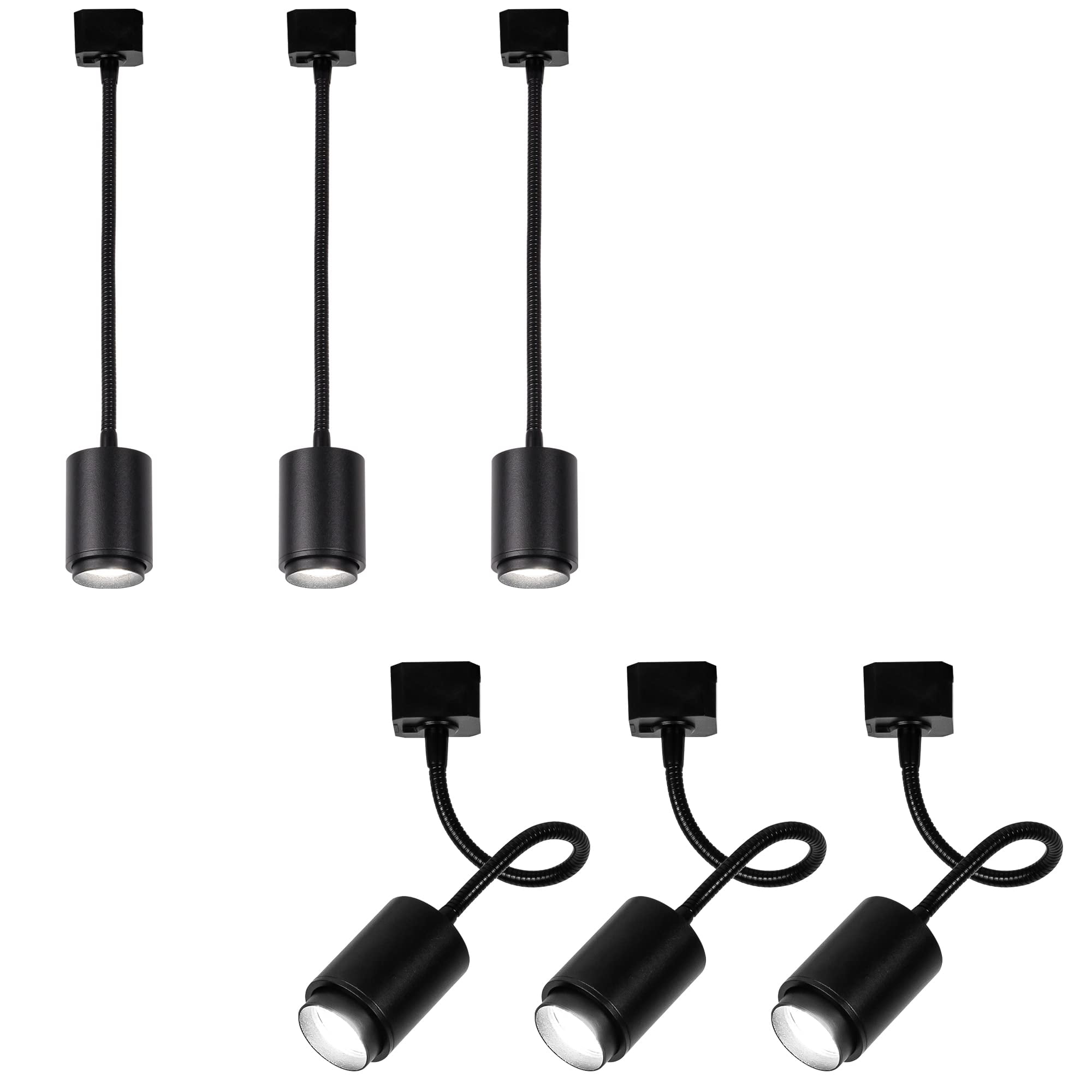 KAYYELAMP Set Of Six Flexible Hose Mini Black Aluminium Spotlight L-Type Track Mounted 5W Cold White COB Focusing Adjusted Background Track Lighting For Gallery Cabinet Loft(No Track)