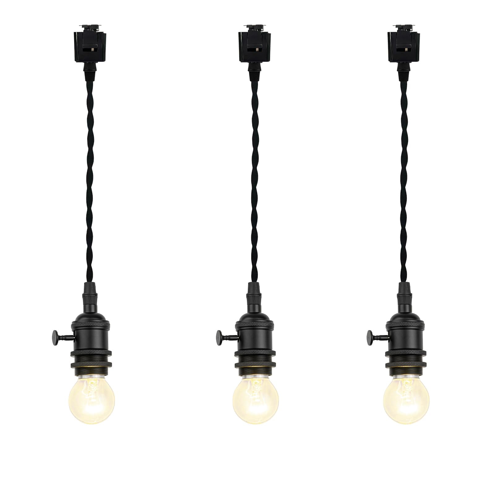 KAYYELAMP Set Three 0.98Feet Corded Track Lighting E26 Black Mini Base with Switch J-Type Track Pendant Light Retro Design for Kitchen Loft Dining Room Store(No Bulb, Track)