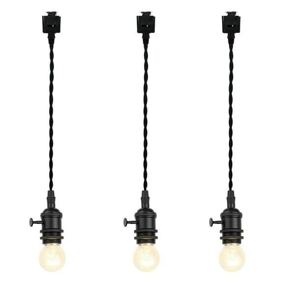 KAYYELAMP Set Three 2.88Feet Corded Track Lighting E26 Black Mini Base with Switch J-Type Track Pendant Light Retro Design for Kitchen Loft Dining Room Store(No Bulb, Track)
