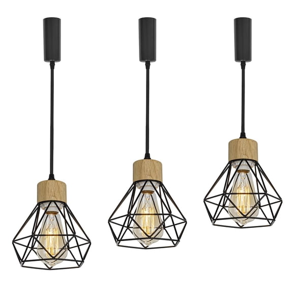 KAYYELAMP Set Three Adjusted Cable H-Type Track Lamp Wooden Base Black Hollow Shade Retro Pendant Lighting for Kitchen Bar Dining Room(No Bulb, Track)