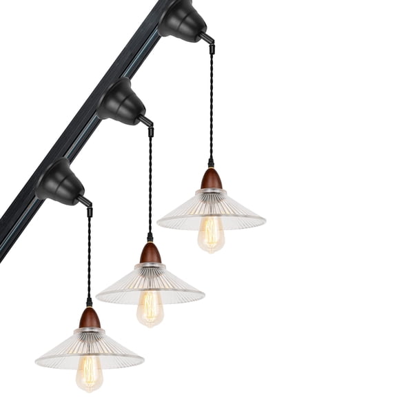 KAYYELAMP Set Three Adjusted Cable J System Track Lamp Walnut Base Clear Glass Shade Vintage Pendant Lighting for Slope Position Roof Kitchen Dining Room(No Bulb, Track)