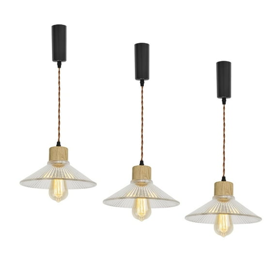 KAYYELAMP Set Three Adjusted Cable J System Track Lamp Wood Base Clear Glass Shade Modern Pendant Lighting for Kitchen Dining Room(No Bulb, Track)