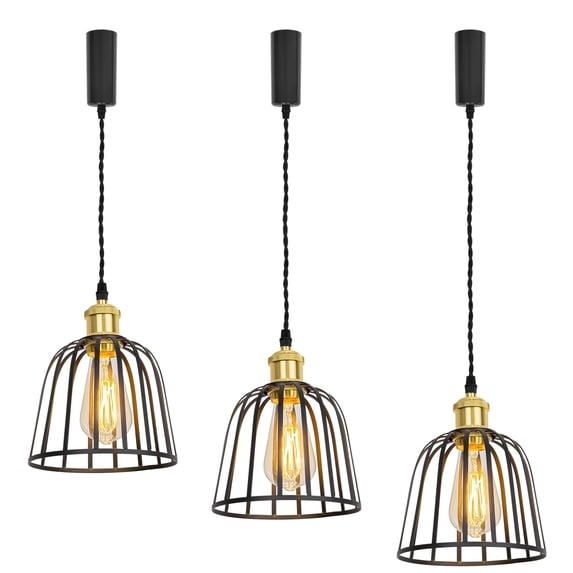KAYYELAMP Set of Three Black Metal Cage Track Light H-Type 3.2Ft Adjusted Cord E26 Gold Base Vintage Design Track Lamp for Dining Table Kitchen Home(No Bulb, Track)