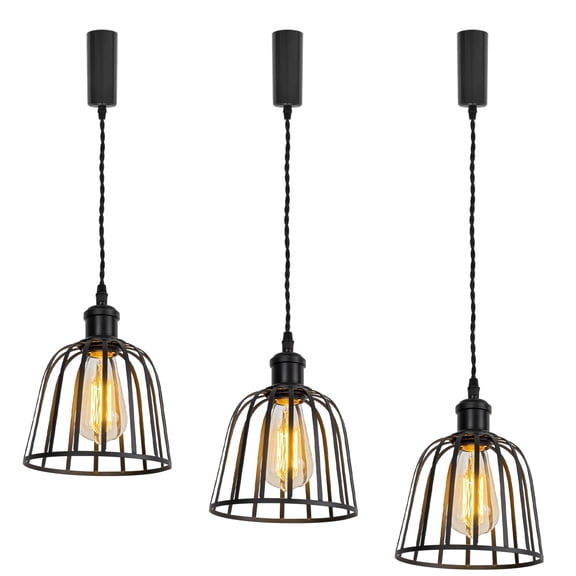 KAYYELAMP Set of Three Black Metal Cage Track Light J-Type 3.2Ft Adjusted Cord E26 Black Base Retro Design Track Lamp for Dining Table Kitchen Home(No Bulb, Track)