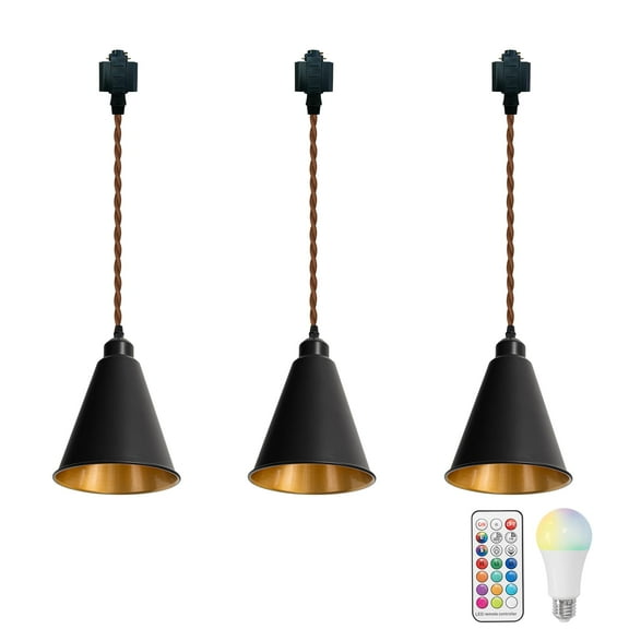 KAYYELAMP Set of Three Black Metal Cone Shade Inner Gold Track Lighting H-Type 11.8 Inches Brown Twisted Cord Remote RGB Warm Light Vintage Track Lamp for Kitchen Dining Table Loft