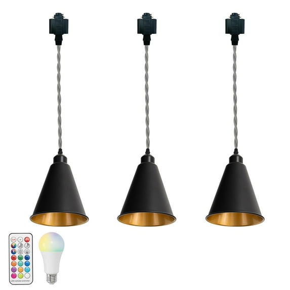 KAYYELAMP Set of Three Black Metal Cone Shade Inner Gold Track Lighting H-Type 11.8 Inches Gray Twisted Cord Remote RGB Warm Light Vintage Track Lamp for Kitchen Dining Table Loft