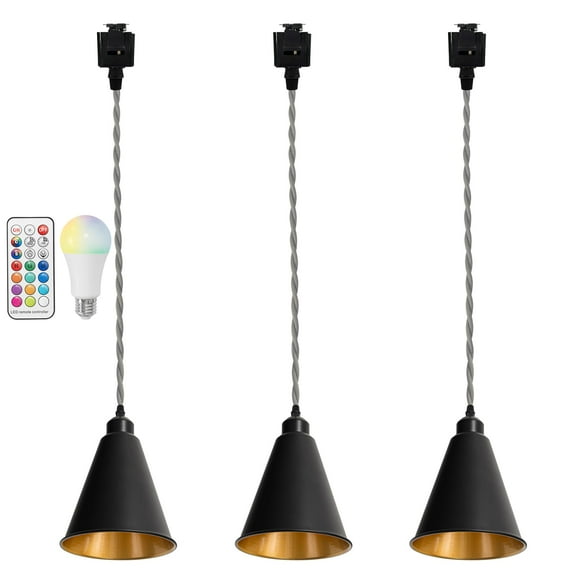 KAYYELAMP Set of Three Black Metal Cone Shade Inner Gold Track Lighting H-Type 39.3 Inches Gray Twisted Cord Remote RGB Warm Light Vintage Track Lamp for Kitchen Dining Table Loft