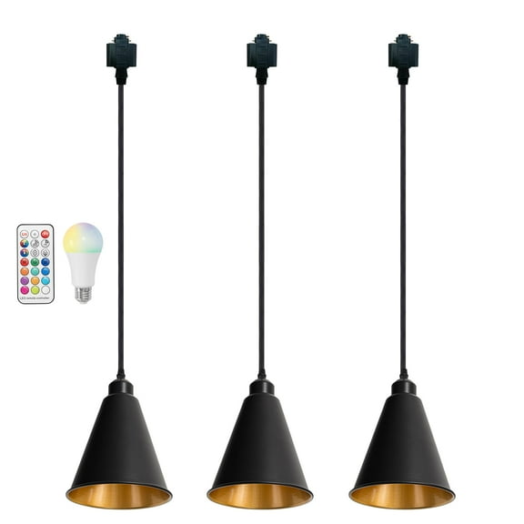 KAYYELAMP Set of Three Black Metal Cone Shade Inner Gold Track Lighting H-Type 39.3 Inches Woven Black Cord Remote RGB Warm Light Vintage Track Lamp for Kitchen Dining Table Loft