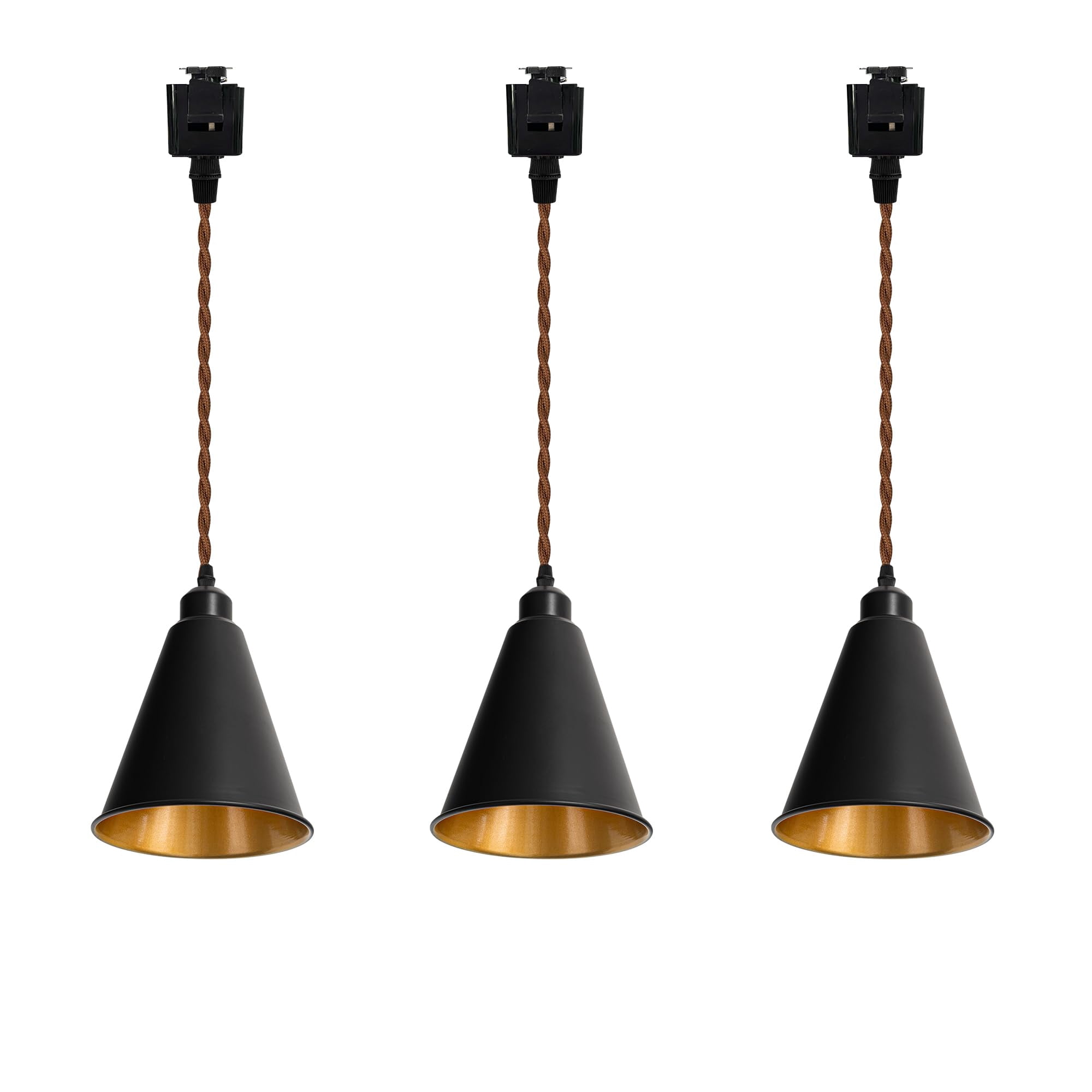 KAYYELAMP Set of Three Black Metal Cone Shade Inner Gold Track Lighting J-Type 11.8 Inches Brown Twisted Cord Vintage Track Lamp for Kitchen Dining Table Loft(No Bulb, Track)