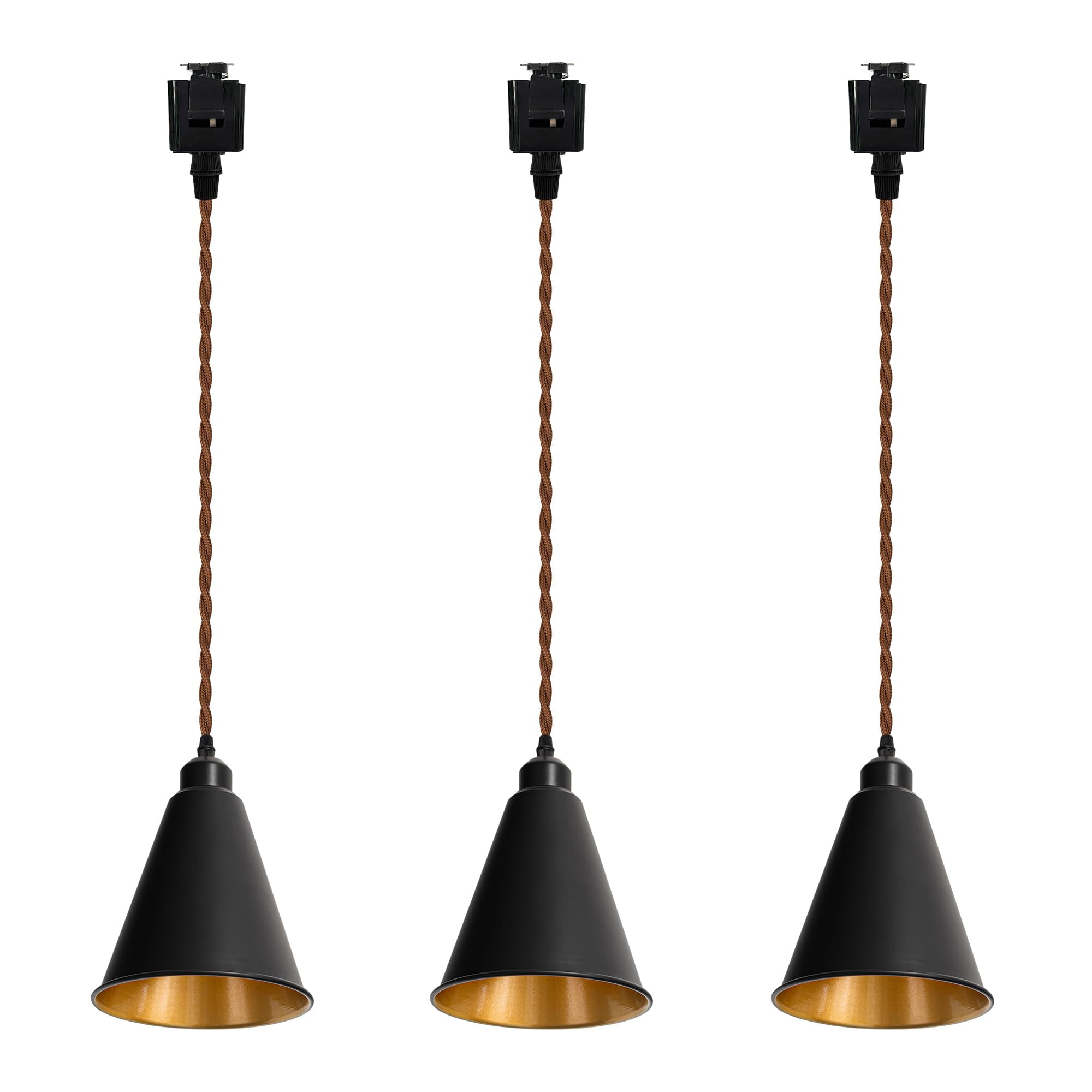 KAYYELAMP Set of Three Black Metal Cone Shade Inner Gold Track Lighting J-Type 39.3 Inches Gray Twisted Cord Vintage Track Lamp for Kitchen Dining Table Loft(No Bulb, Track)