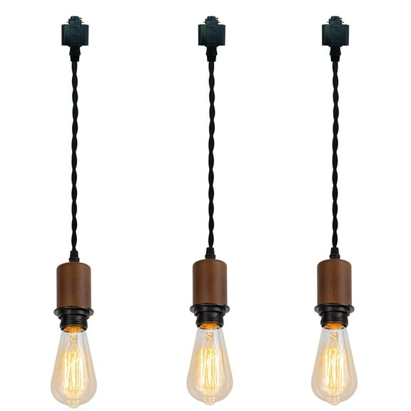 KAYYELAMP Set Three H-Type Total Length 24in Track Pendant Light E26 Brown Wooden Base Vintage Design for DIY Kitchen Sink Living Room(No Bulb, Track)