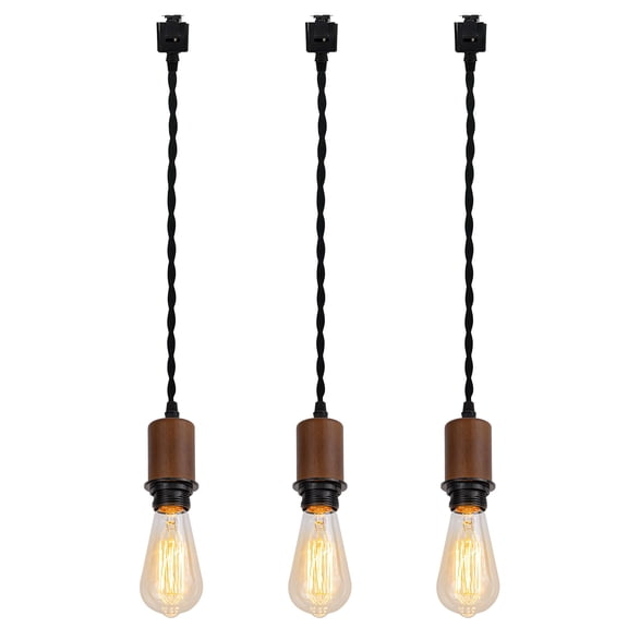 KAYYELAMP Set Three J-Type Total Length 31.5in Track Pendant Light E26 Brown Wooden Base Vintage Design for DIY Kitchen Sink Living Room(No Bulb, Track)