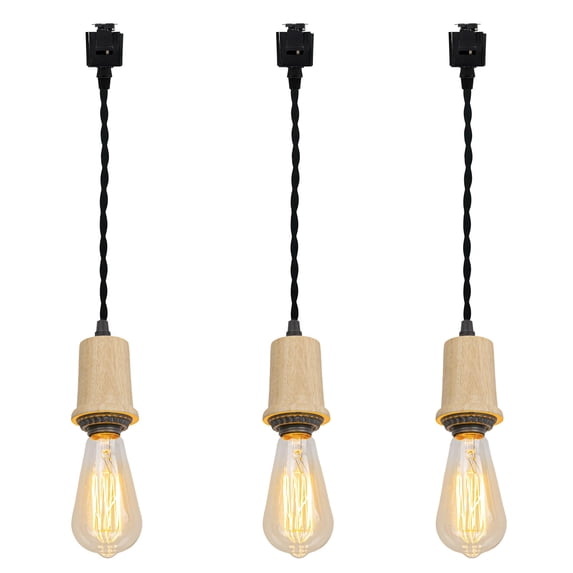 KAYYELAMP Set Three J-Type Total Length 31.5in Track Pendant Light E26 Wooden Base Vintage Design for DIY Kitchen Sink Living Room(No Bulb, Track)