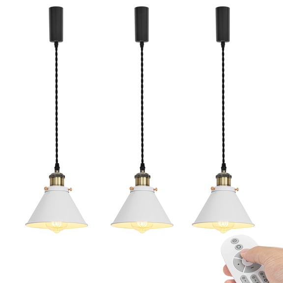 KAYYELAMP Set of Three J-Type Track Light Adjustable Cord Dimming Timing Pendant White Metal Shade Bronze E26 Base Vintage Design for Kitchen Bar Loft(No Track)